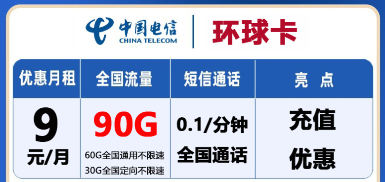西宁电信流量卡 首月免月租100G流量+全国通话充值立享