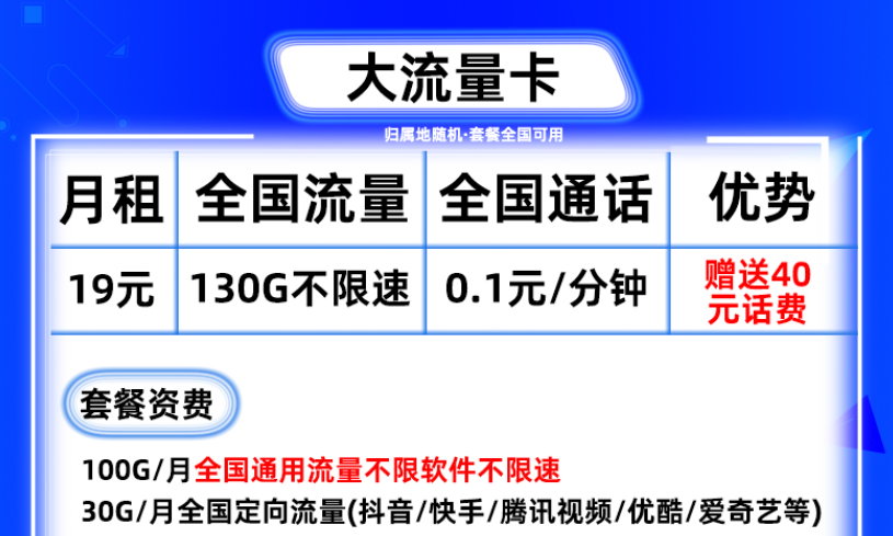 廣東廣州可用移動流量卡 130G流量不限速月費低至9元良心套餐