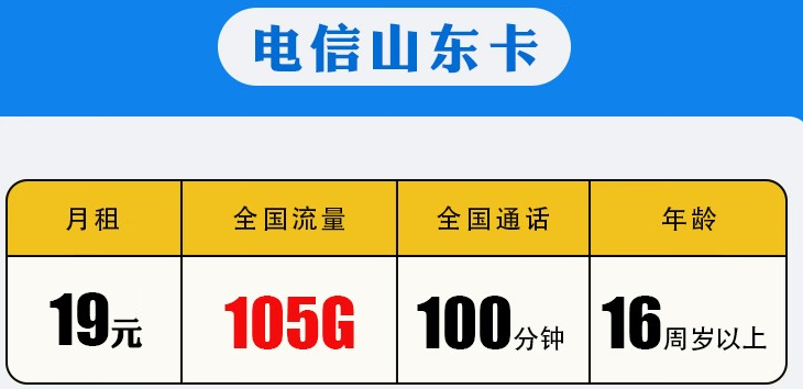 中国移动 【地区卡】山东电信19元包105G全国流量+100分钟通话 长期有效套餐卡