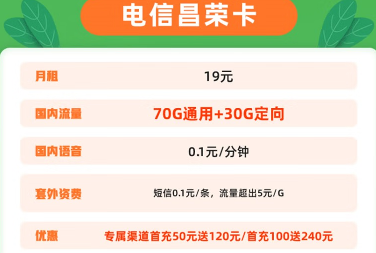 中国电信：提速降费惠民行动 电信昌荣卡 月租19元可享70G通用+30G定向+0.1元/分钟，首充100送240