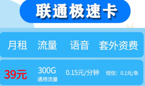 中国联通300G超大流量+0.15元/分钟通话仅需39元 享网络极速体验【联通极速卡】