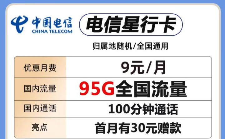 中国电信各档位流量卡套餐推荐 最低仅需9元包含95G全国流量+100分钟语音