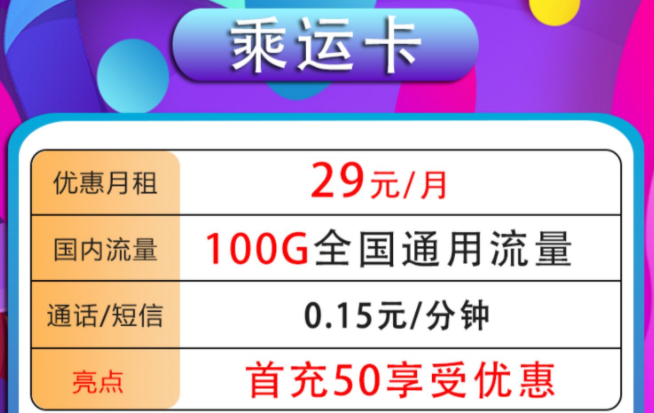 中国电信流量不限速的全国通用流量卡套餐 乘运卡29元100G通用流量