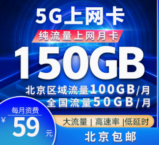 惊喜优惠卡！北京专用联通5G巅峰卡=150G大流量
